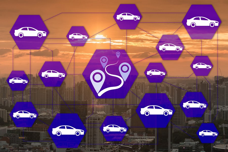 Lyft rideshare graphic with purple icons