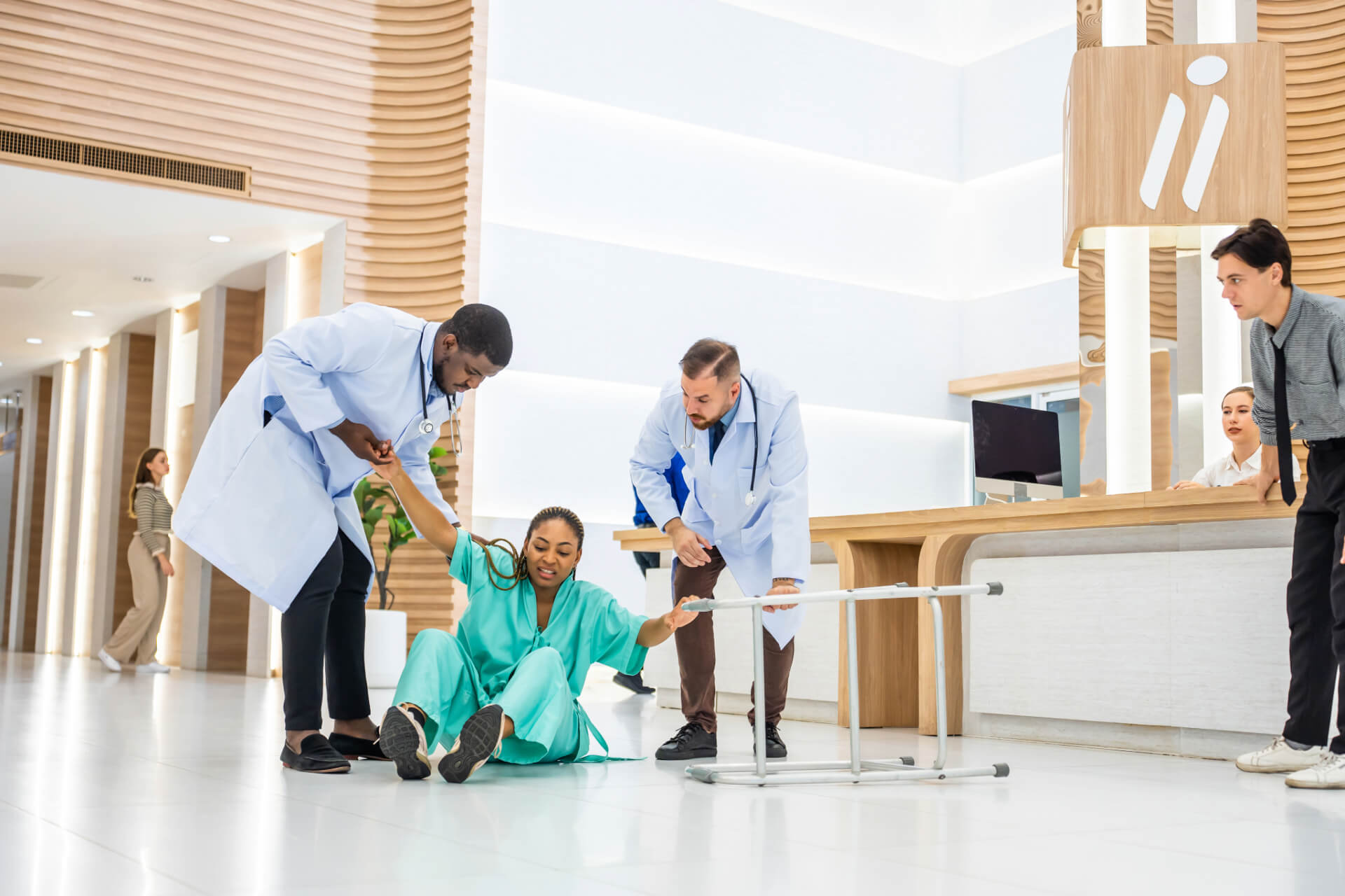 doctors helping a nurse up after a fall at work